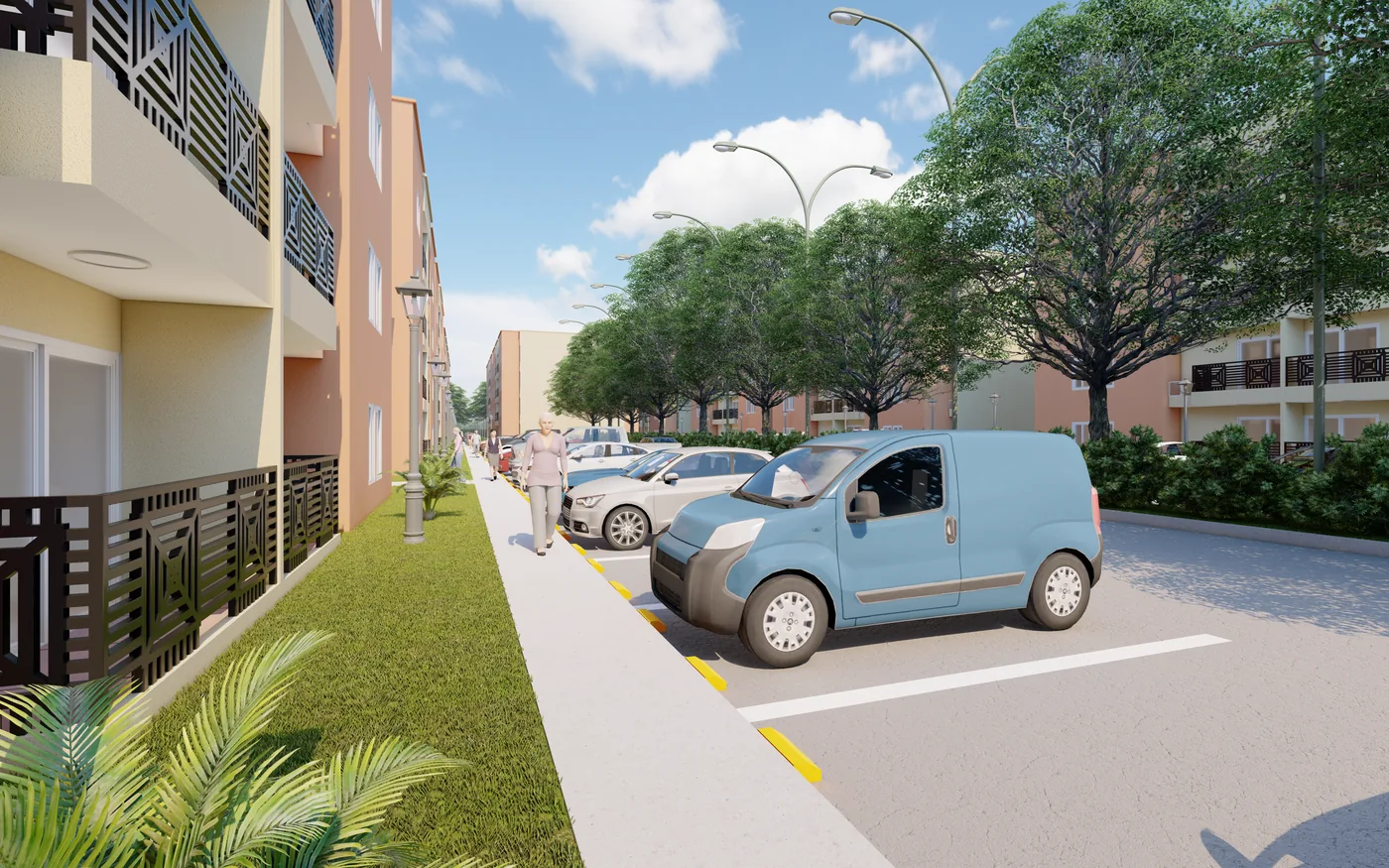Senderos entre los edificios residenciales